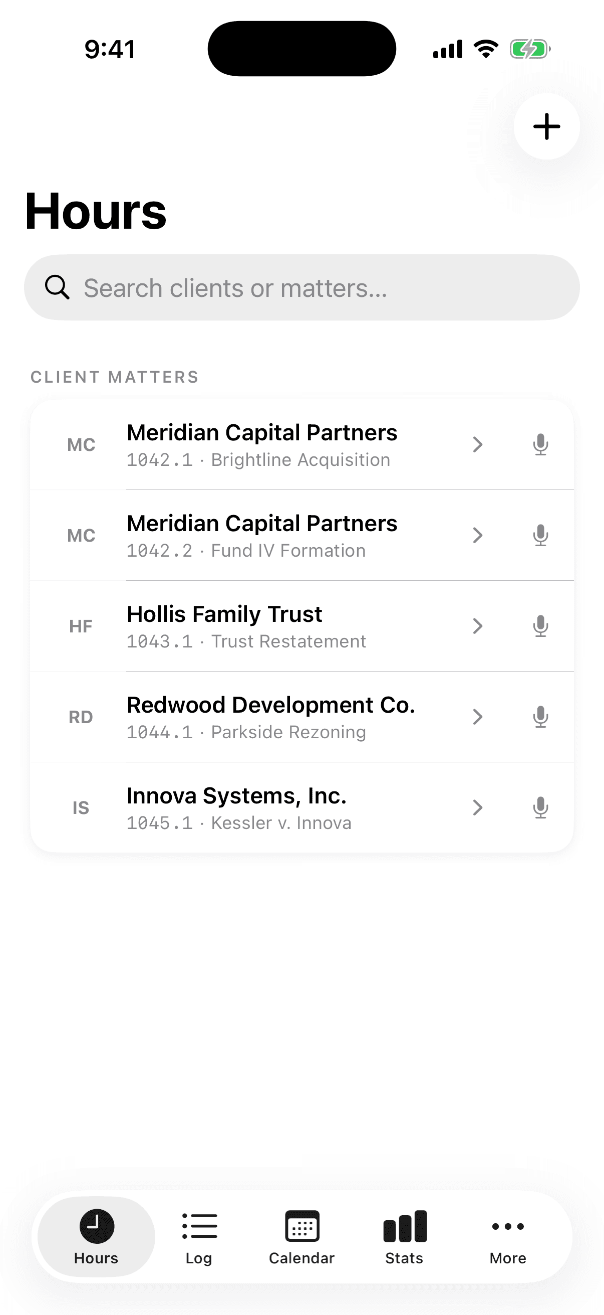 TRYX iPhone home screen: client matters with one-tap timers