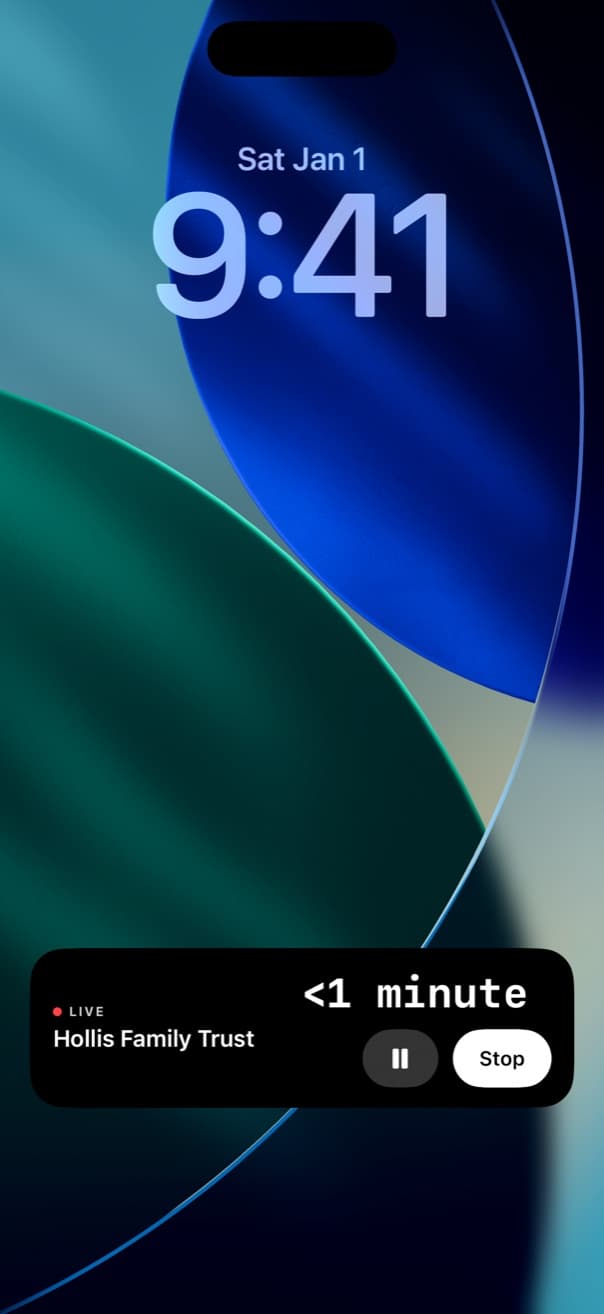 A locked iPhone showing the TRYX Live Activity: client name, elapsed time, and pause and stop controls