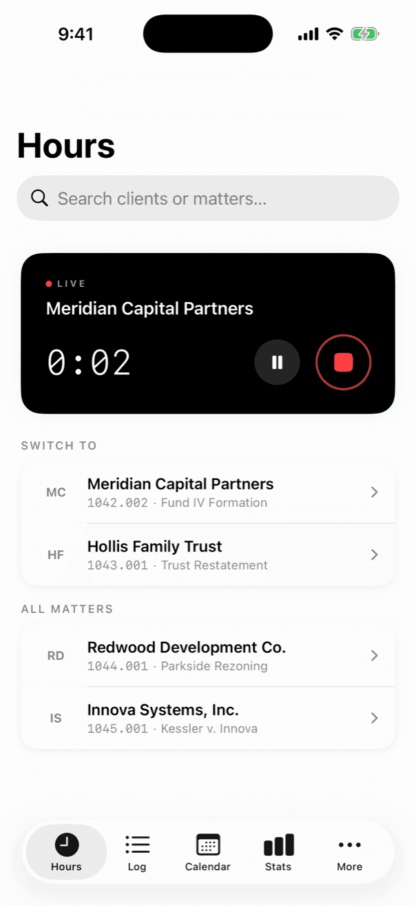 The TRYX iPhone app with a billing timer running