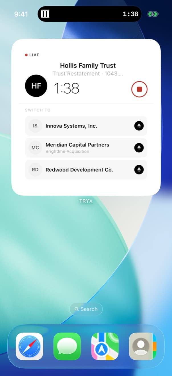 The large TRYX widget on a home screen: live timer for Hollis Family Trust with the full switch-to client list