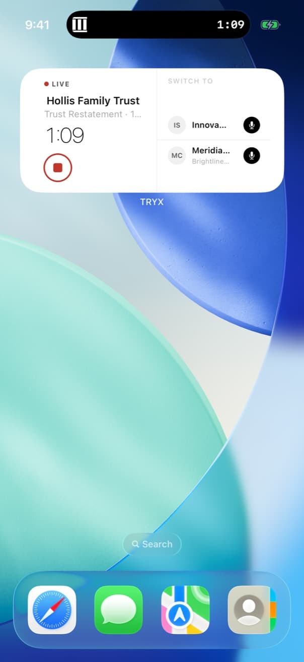 The medium TRYX widget: live timer with one-tap client switching