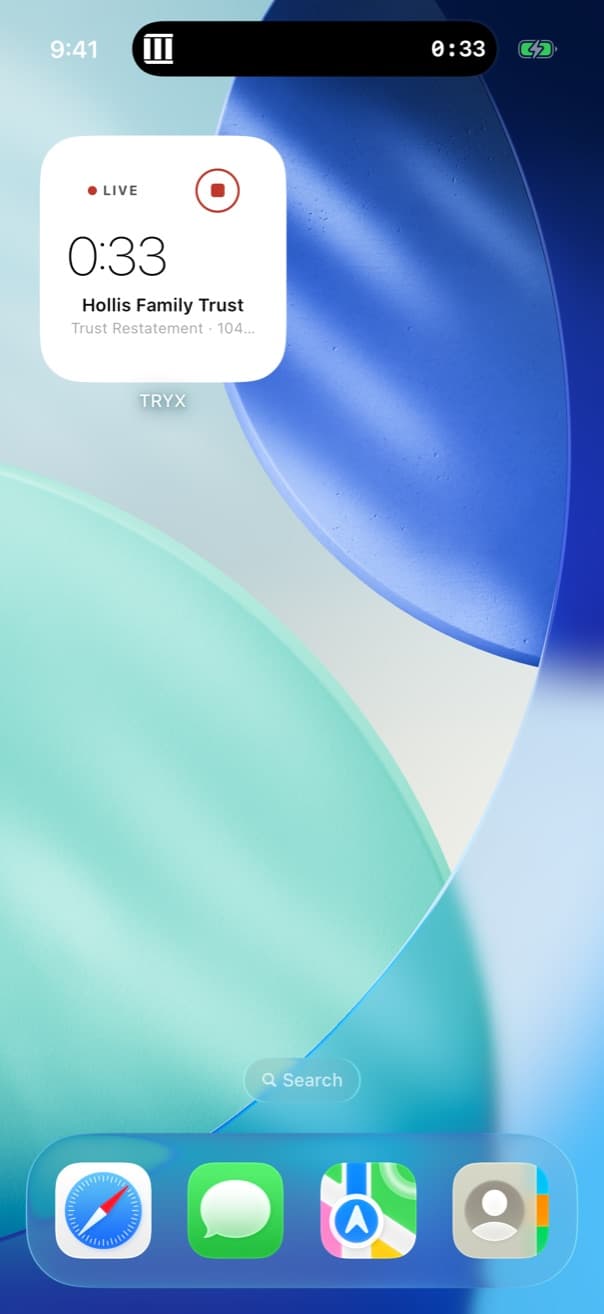 The small TRYX widget on a home screen: live elapsed time with a stop button