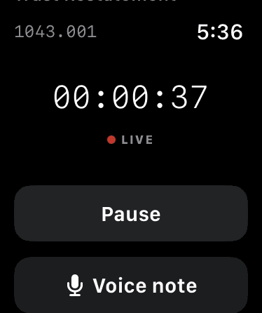 TRYX on Apple Watch: a live billing timer with the matter reference, and Pause and Voice note buttons